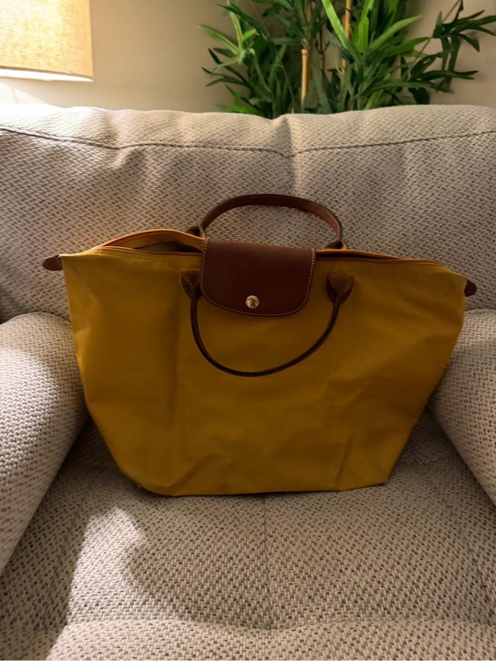 Longchamp Yellow Nylon Tote with Brown Leather Trim